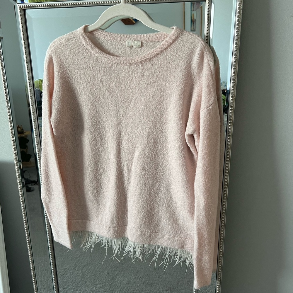 Anthropologie Pink Crew Neck Sweater with Feathered Hem